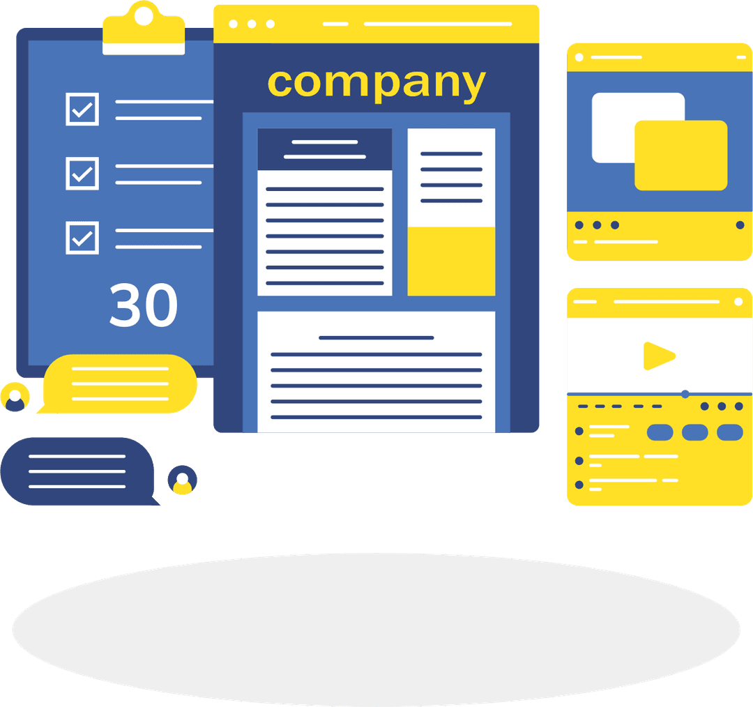 Illustration of business credibility and operations dashboard with website, checklist, calendar, video content, and customer messages