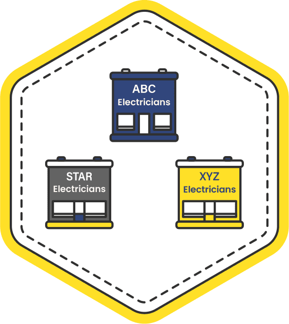 Icon showing three painting company storefronts labeled ABC Electricians, Star Electricians, and XYZ Electricians, representing comparison of local painters