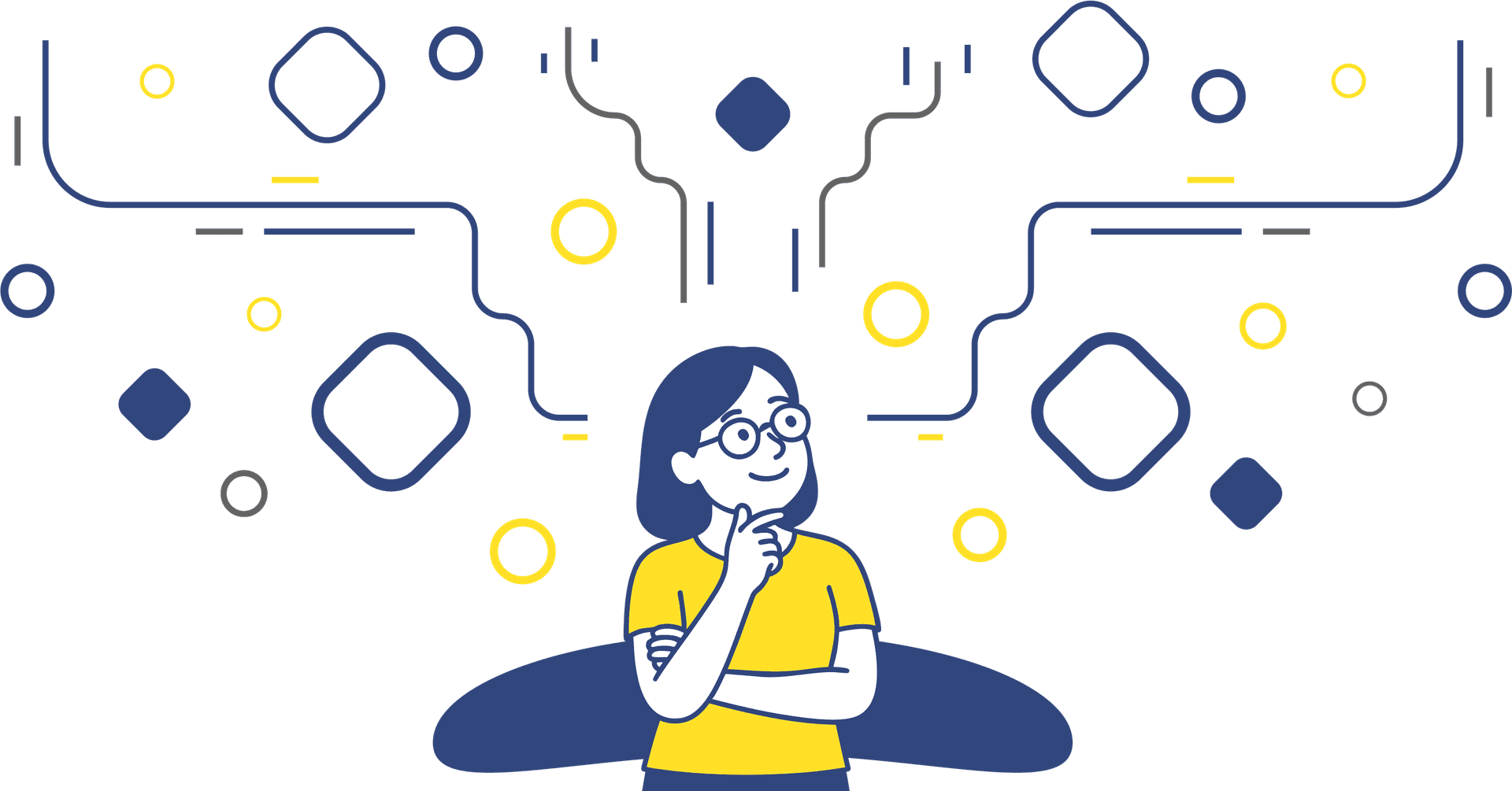 Illustration of a thoughtful person surrounded by abstract network lines and nodes, symbolizing searching and comparing local painters online