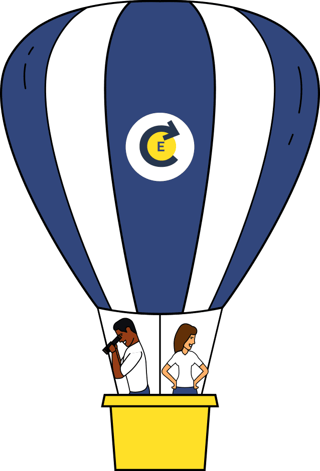 Illustration of two people in a blue and white hot air balloon with the Chooz logo, representing Electricians directory exploration and discovery