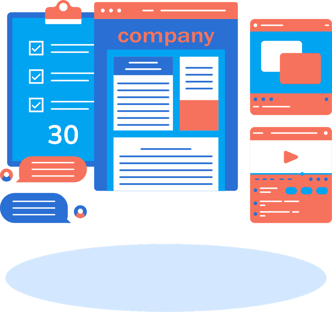 Illustration of business credibility and operations dashboard with website, checklist, calendar, video content, and customer messages